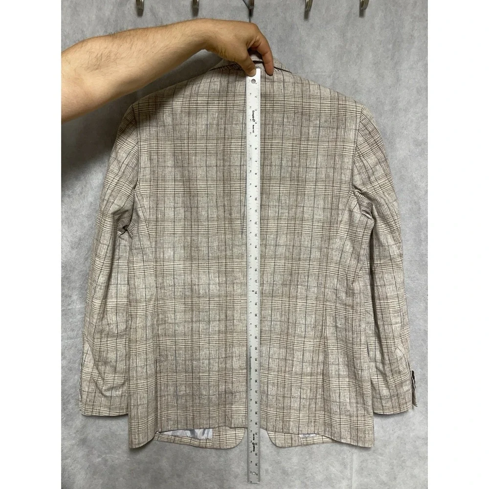 Joseph Abboud Blazer Men 42L Tan Plaid Slim Linen Cotton Casual Sport Coat Luxe